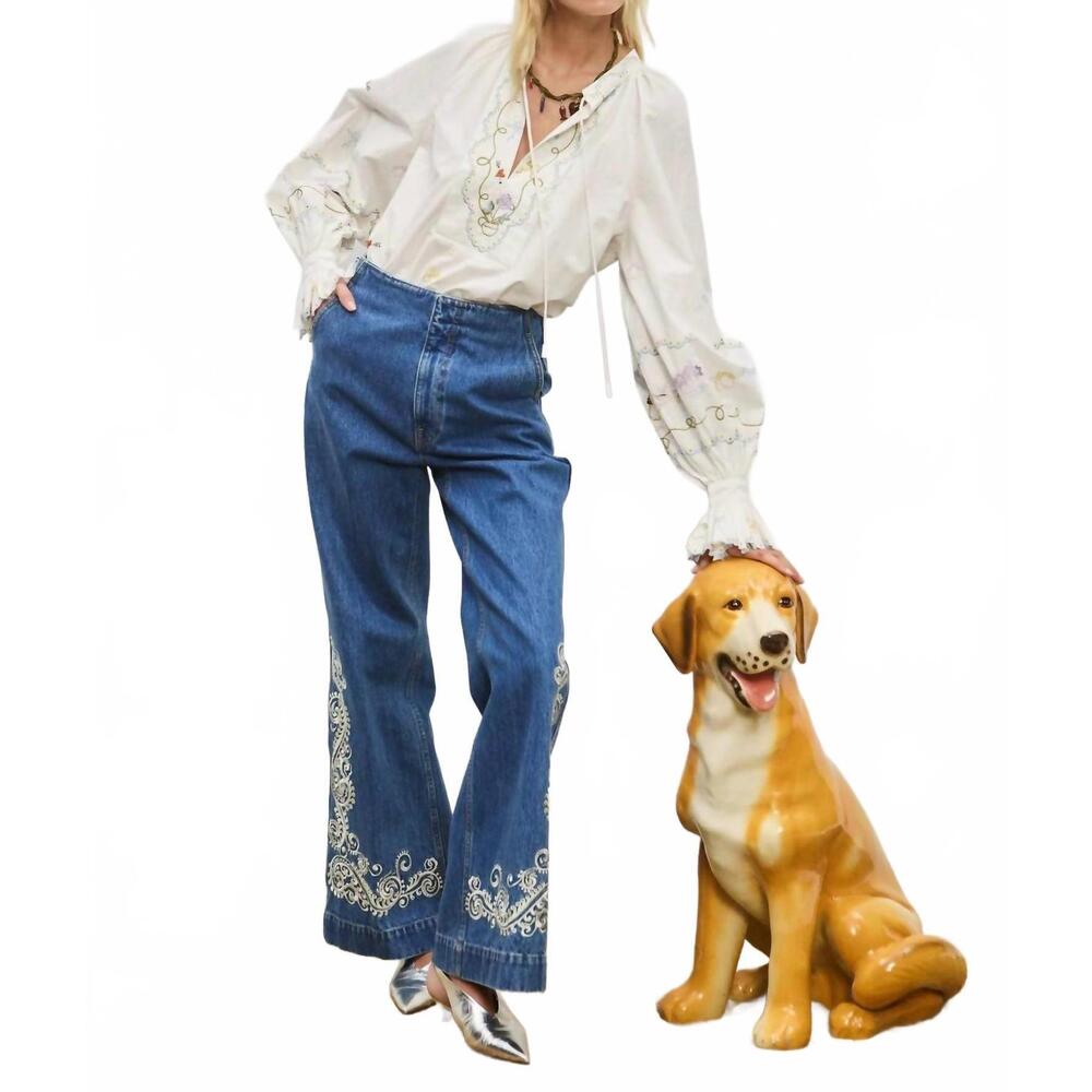 Alemais Embroidered Denim Wide-Leg Jeans in Blue